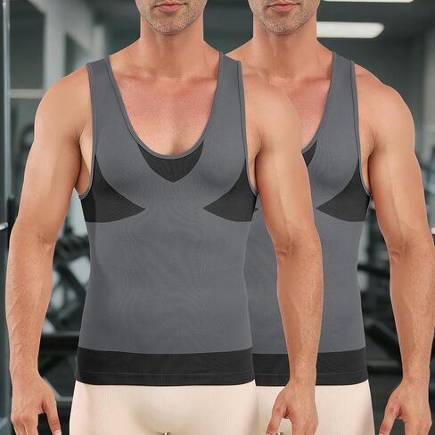 2 Pack Mens Slimming Body Shaper Vest Chest Compression Shirt Workout Tank Tops Abs Abdomen Undershirts Tummy Control Black in Kuwait