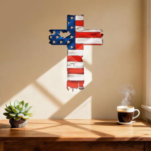 JEWLOVE Patriotic American Flag Cross Wall Decor, Vintage Colorful Metal Cross Decor, Rustic Americana & Christian Wall Art for Home, Church, Garage (14.2" x 10") in Kuwait