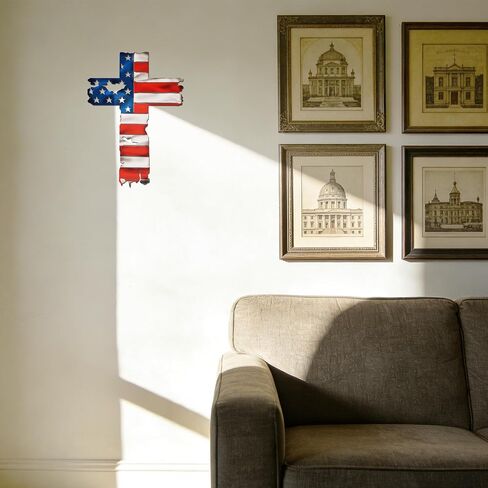 JEWLOVE Patriotic American Flag Cross Wall Decor, Vintage Colorful Metal Cross Decor, Rustic Americana & Christian Wall Art for Home, Church, Garage (14.2" x 10") in Kuwait