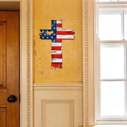 JEWLOVE Patriotic American Flag Cross Wall Decor, Vintage Colorful Metal Cross Decor, Rustic Americana & Christian Wall Art for Home, Church, Garage (14.2" x 10") in Kuwait