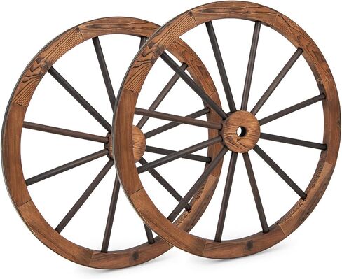HAPPYGRILL 30" Set of 2 Wood Wagon Wheels, Old Western Wall Art Garden Decor, Carbonized Solid Fir Wood, Vintage Indoor Outdoor Wall Hanging Wheels for Party Bar Garage Home Garden in Saudi Arabia