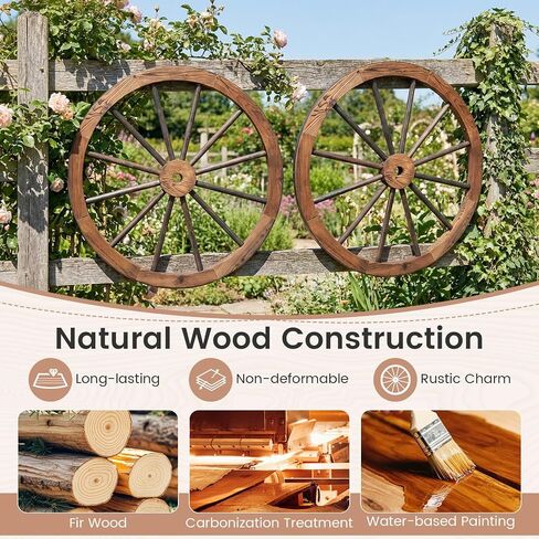 HAPPYGRILL 30" Set of 2 Wood Wagon Wheels, Old Western Wall Art Garden Decor, Carbonized Solid Fir Wood, Vintage Indoor Outdoor Wall Hanging Wheels for Party Bar Garage Home Garden in Saudi Arabia