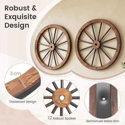 HAPPYGRILL 30" Set of 2 Wood Wagon Wheels, Old Western Wall Art Garden Decor, Carbonized Solid Fir Wood, Vintage Indoor Outdoor Wall Hanging Wheels for Party Bar Garage Home Garden in Saudi Arabia
