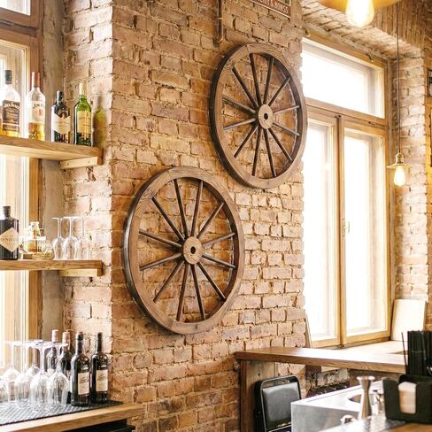 HAPPYGRILL 30" Set of 2 Wood Wagon Wheels, Old Western Wall Art Garden Decor, Carbonized Solid Fir Wood, Vintage Indoor Outdoor Wall Hanging Wheels for Party Bar Garage Home Garden in Saudi Arabia