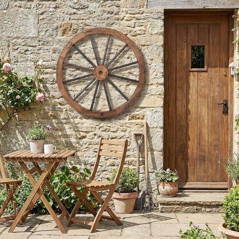 HAPPYGRILL 30" Set of 2 Wood Wagon Wheels, Old Western Wall Art Garden Decor, Carbonized Solid Fir Wood, Vintage Indoor Outdoor Wall Hanging Wheels for Party Bar Garage Home Garden in Saudi Arabia