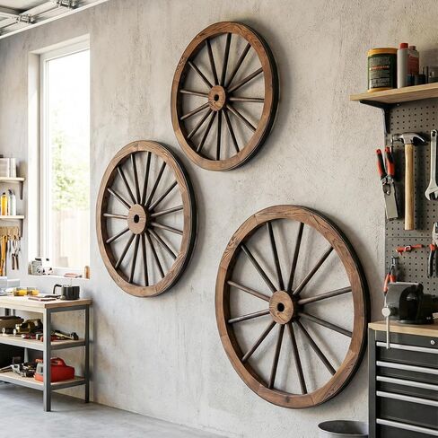 HAPPYGRILL 30" Set of 2 Wood Wagon Wheels, Old Western Wall Art Garden Decor, Carbonized Solid Fir Wood, Vintage Indoor Outdoor Wall Hanging Wheels for Party Bar Garage Home Garden in Saudi Arabia