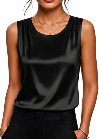 Zeagoo المرأة الساتان تانك الأعلى مطوي بلوزة بلا أكمام أنيق بلايز عادية Crewneck قمصان الحرير الأعمال ملابس الصيف in Kuwait