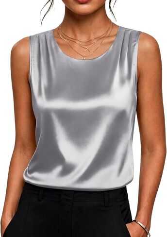 Zeagoo المرأة الساتان تانك الأعلى مطوي بلوزة بلا أكمام أنيق بلايز عادية Crewneck قمصان الحرير الأعمال ملابس الصيف in Kuwait