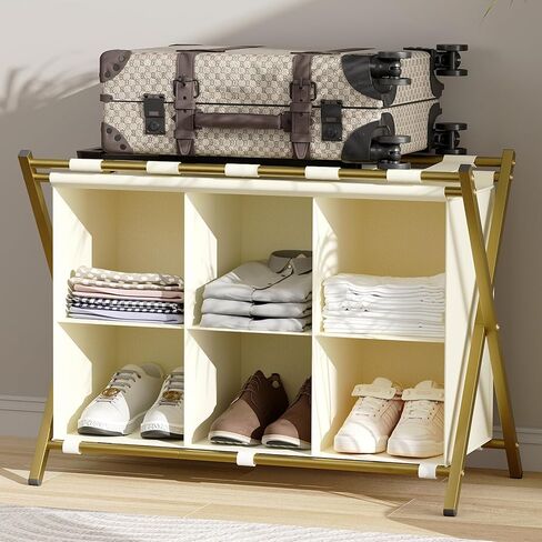 Huhote Luggage Rack for Guest Room, Folding Suitcase Stand with 6-Cube Fabric Storage Shelf, Luggage Holder, Steel Foldable Luggage Stand for Guest Room, Bedroom, Hotel, Black in Saudi Arabia