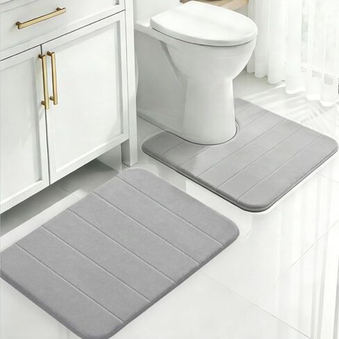 Memory Foam Bathroom Rugs Sets 2 Piece - Super Soft Absorbent Quick Dry Memory Foam Bathroom Rugs, Machine Washable Non Slip Floor Carpet for Tub Shower & Single Sink 16x24 & 20x20, (Light Grey) in Saudi Arabia