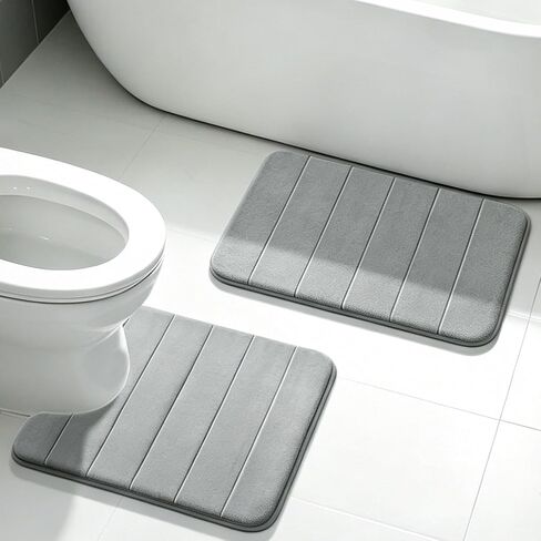 Memory Foam Bathroom Rugs Sets 2 Piece - Super Soft Absorbent Quick Dry Memory Foam Bathroom Rugs, Machine Washable Non Slip Floor Carpet for Tub Shower & Single Sink 16x24 & 20x20, (Light Grey) in Saudi Arabia