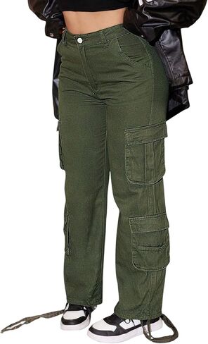Women's Cargo Pants Loose Mid Waisted Denim Jeans Boyfriend Straight Trousers Pant Legs Drawstring with Multi-Pockets in Saudi Arabia