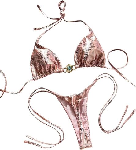 SHENHE Women's Sexy String Thong Bikini Set Metallic Swimsuits Triangle Brazilian Bathing Suits in Saudi Arabia