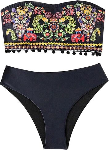 OYOANGLE Women's Bandeau Bikini Set Floral Strapless Swimsuits Boho Two Piece Bathing Suit Swimwear in Kuwait