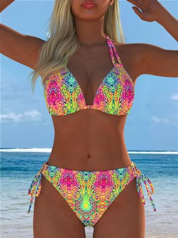 Women's Bikini Set 2 Piece Halter Triangle Top Side Tie Bottoms Psychedelic Kaleidoscope Print Swimsuit in Kuwait