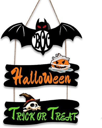 Halloween Door Hanging Sign Decoration 3 Pieces Wooden Plaques Wall Art with Bat Pumpkin Skull Design for Front Door Decoration Indoor and Outdoor Halloween Home Decor and Prop in Saudi Arabia
