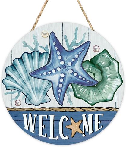 Welcome Summer Beach Front Door Sign, Coastal Starfish Shell Conch Wood Plaque Hanger Outdoor Outside Porch Home Decor, Nautical Farmhouse Wooden Wreath Indoor Wall Hanging Decoration in Saudi Arabia