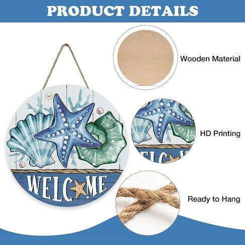 Welcome Summer Beach Front Door Sign, Coastal Starfish Shell Conch Wood Plaque Hanger Outdoor Outside Porch Home Decor, Nautical Farmhouse Wooden Wreath Indoor Wall Hanging Decoration in Saudi Arabia