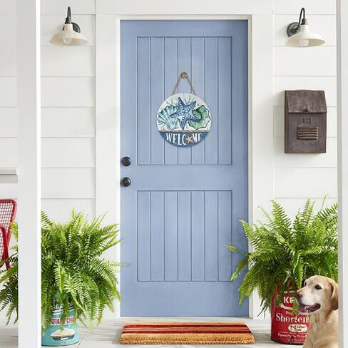 Welcome Summer Beach Front Door Sign, Coastal Starfish Shell Conch Wood Plaque Hanger Outdoor Outside Porch Home Decor, Nautical Farmhouse Wooden Wreath Indoor Wall Hanging Decoration in Saudi Arabia