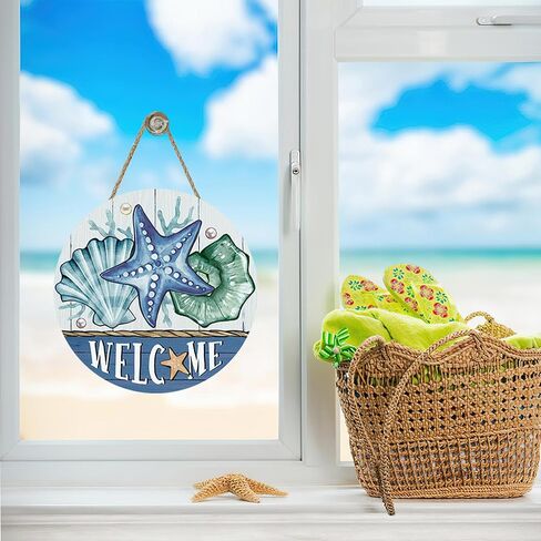 Welcome Summer Beach Front Door Sign, Coastal Starfish Shell Conch Wood Plaque Hanger Outdoor Outside Porch Home Decor, Nautical Farmhouse Wooden Wreath Indoor Wall Hanging Decoration in Saudi Arabia