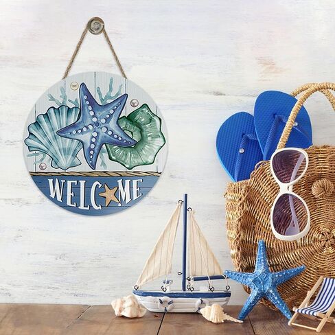 Welcome Summer Beach Front Door Sign, Coastal Starfish Shell Conch Wood Plaque Hanger Outdoor Outside Porch Home Decor, Nautical Farmhouse Wooden Wreath Indoor Wall Hanging Decoration in Saudi Arabia