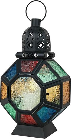 Vintage Large Size Decorative Ramadan Candle Lantern, 12’’ Metal Hanging&Tabletop Moroccan Stained Glass Lantern Candle Holder Decor, Decorations for Home Indoor Outdoor Patio (Colorful) in Saudi Arabia