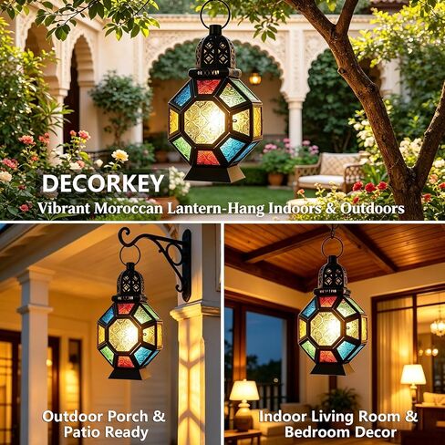 Vintage Large Size Decorative Ramadan Candle Lantern, 12’’ Metal Hanging&Tabletop Moroccan Stained Glass Lantern Candle Holder Decor, Decorations for Home Indoor Outdoor Patio (Colorful) in Saudi Arabia