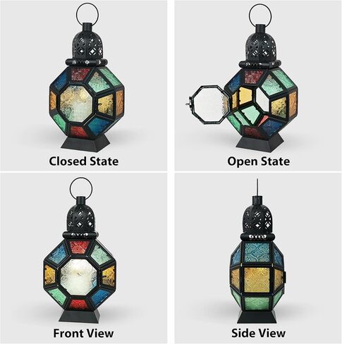 Vintage Large Size Decorative Ramadan Candle Lantern, 12’’ Metal Hanging&Tabletop Moroccan Stained Glass Lantern Candle Holder Decor, Decorations for Home Indoor Outdoor Patio (Colorful) in Saudi Arabia