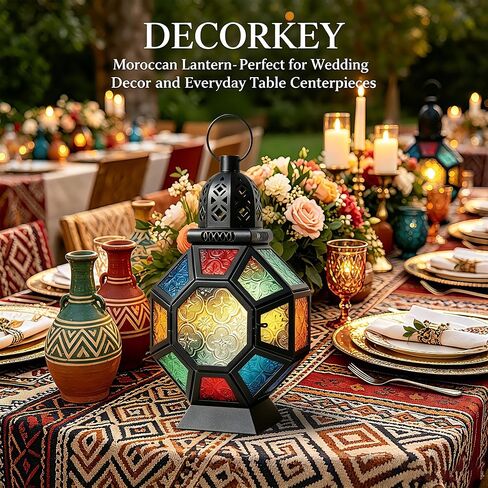 Vintage Large Size Decorative Ramadan Candle Lantern, 12’’ Metal Hanging&Tabletop Moroccan Stained Glass Lantern Candle Holder Decor, Decorations for Home Indoor Outdoor Patio (Colorful) in Saudi Arabia