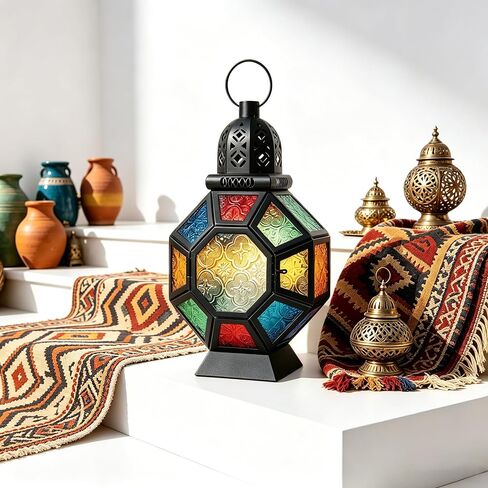 Vintage Large Size Decorative Ramadan Candle Lantern, 12’’ Metal Hanging&Tabletop Moroccan Stained Glass Lantern Candle Holder Decor, Decorations for Home Indoor Outdoor Patio (Colorful) in Saudi Arabia