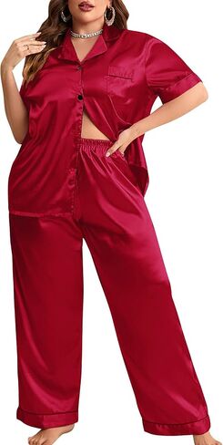 Kissonic Plus Size Satin Silk Pajamas Set for Women Short Sleeve Button Down Pjs Long Pants Birthday Sleepwear in Saudi Arabia