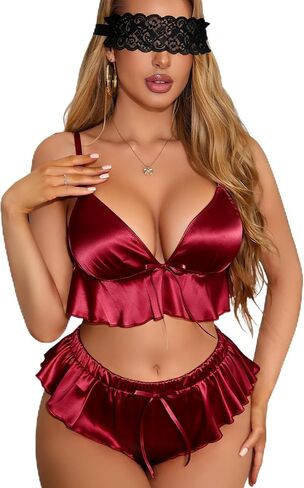 Satin Pajama for Women 3 Piece Lingerie Set Sleepwear Sexy Camisole Top and Shorts Ruffle Soft Nightwear in Kuwait