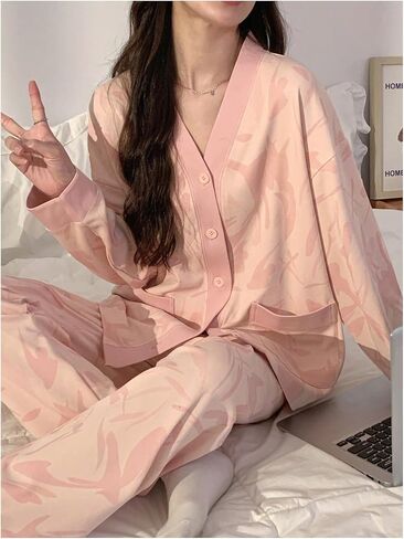 SHENHE Women's 2 Piece Pajama Set Button Up V Neck Long Sleeve Top and Pants Sleepwear Lounge Set in Kuwait