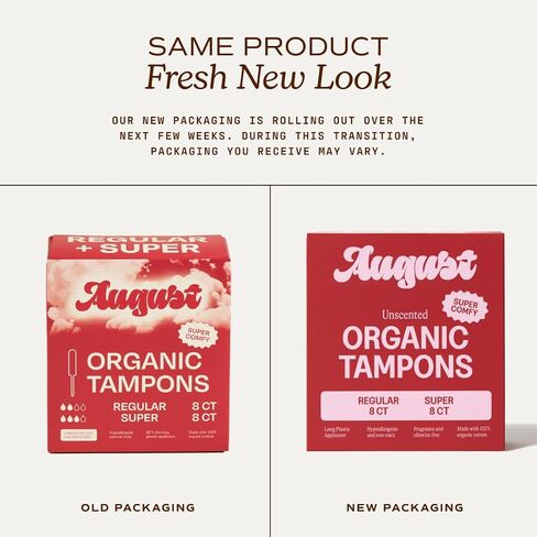 August Regular & Super Tampons - 16-Pack (8 + 8) 100% Organic Cotton Tampons for Women, Non-Toxic, Fragrance-Free, and Hypoallergenic with Long Applicators in Saudi Arabia