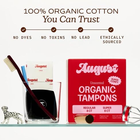 August Regular & Super Tampons - 16-Pack (8 + 8) 100% Organic Cotton Tampons for Women, Non-Toxic, Fragrance-Free, and Hypoallergenic with Long Applicators in Saudi Arabia