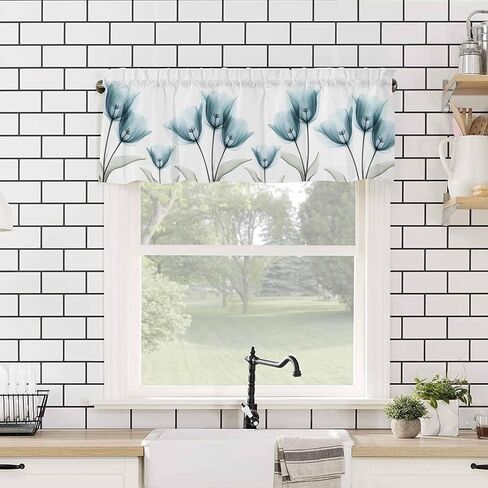 T&H XHome X-ray Tulip Valances for Windows Teal Flower Spring Plant Summer Window Treatment Valances Rod Pocket Curtain Valance for Kitchen, Bathroom, Living Room, Bedroom 54" x 18" in Kuwait