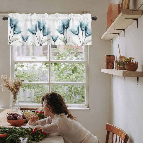 T&H XHome X-ray Tulip Valances for Windows Teal Flower Spring Plant Summer Window Treatment Valances Rod Pocket Curtain Valance for Kitchen, Bathroom, Living Room, Bedroom 54" x 18" in Kuwait