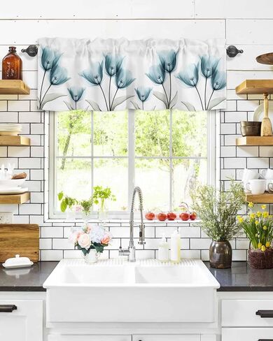 T&H XHome X-ray Tulip Valances for Windows Teal Flower Spring Plant Summer Window Treatment Valances Rod Pocket Curtain Valance for Kitchen, Bathroom, Living Room, Bedroom 54" x 18" in Kuwait