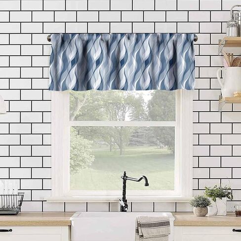 Light Blue Valance Curtain Modern Abstract Blue and Grey Striped Rod Pocket Valance Window Treatments Short Curtains for Kitchen Bathroom Farmhouse Bedroom Living Room Decor 54x18inch in Kuwait