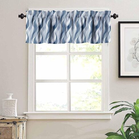 Light Blue Valance Curtain Modern Abstract Blue and Grey Striped Rod Pocket Valance Window Treatments Short Curtains for Kitchen Bathroom Farmhouse Bedroom Living Room Decor 54x18inch in Kuwait