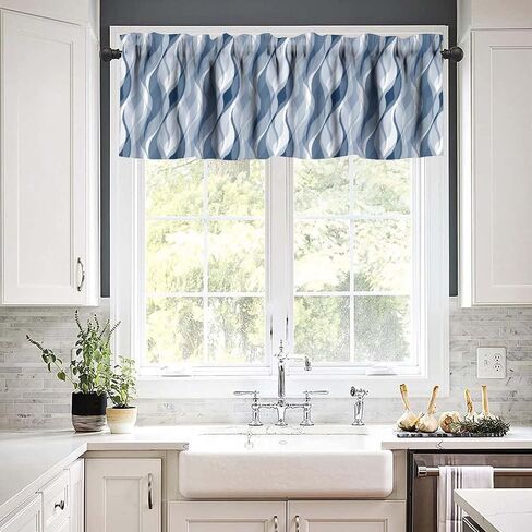 Light Blue Valance Curtain Modern Abstract Blue and Grey Striped Rod Pocket Valance Window Treatments Short Curtains for Kitchen Bathroom Farmhouse Bedroom Living Room Decor 54x18inch in Kuwait