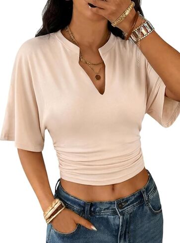LovelyWholesale Womens Ruched Crop Tops Summer Sexy V Neck Short Sleeve T Shirts in Saudi Arabia