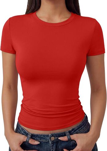 Trendy Queen Womens Double Lined Short Sleeve Tops Compression Shirt for Summer Going Out Workout in Kuwait