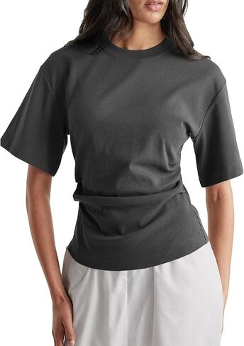 Women Pleated Waist Tee - Cinched Waist Slimming T Shirt Flattering Business Casual Tops, Tummy Hiding Work Blouse in Kuwait