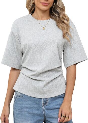 Women Pleated Waist Tee - Cinched Waist Slimming T Shirt Flattering Business Casual Tops, Tummy Hiding Work Blouse in Kuwait