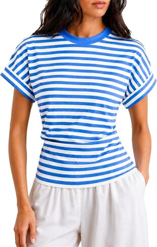 Women Pleated Waist Tee - Cinched Waist Slimming T Shirt Flattering Business Casual Tops, Tummy Hiding Work Blouse in Kuwait
