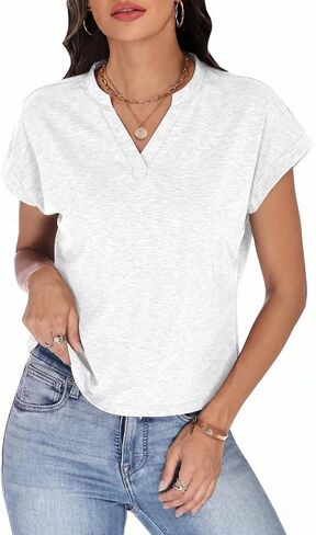 Women's Cap Sleeve Crop Tops Cotton V Neck T Shirts Boxy Short Sleeve Basic Tees Summer Clothes Outfits in Saudi Arabia