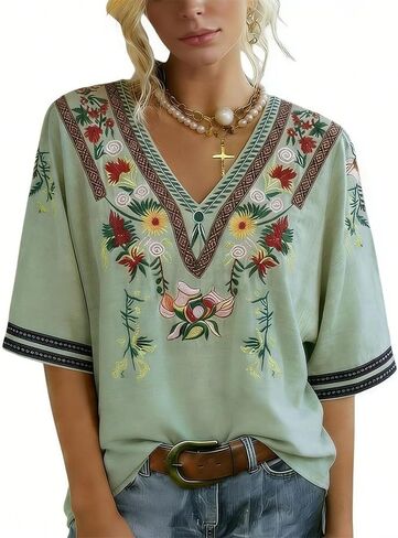 Women's Vintage Floral Embroidered V-Neck Short Sleeve Casual Boho Top in Saudi Arabia