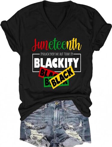 Juneteenth قمصان للنساء احتفال 1865 جرافيك تي شيرت بلايز Vneck يوم الحرية كم قصير تي شيرت in Kuwait