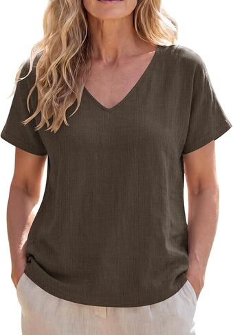 SVALIY Viscose Linen Tops for Women Summer Top Loose V Neck Short Sleeve Shirts 2026 Vacation Beach Outfits Trendy in Saudi Arabia